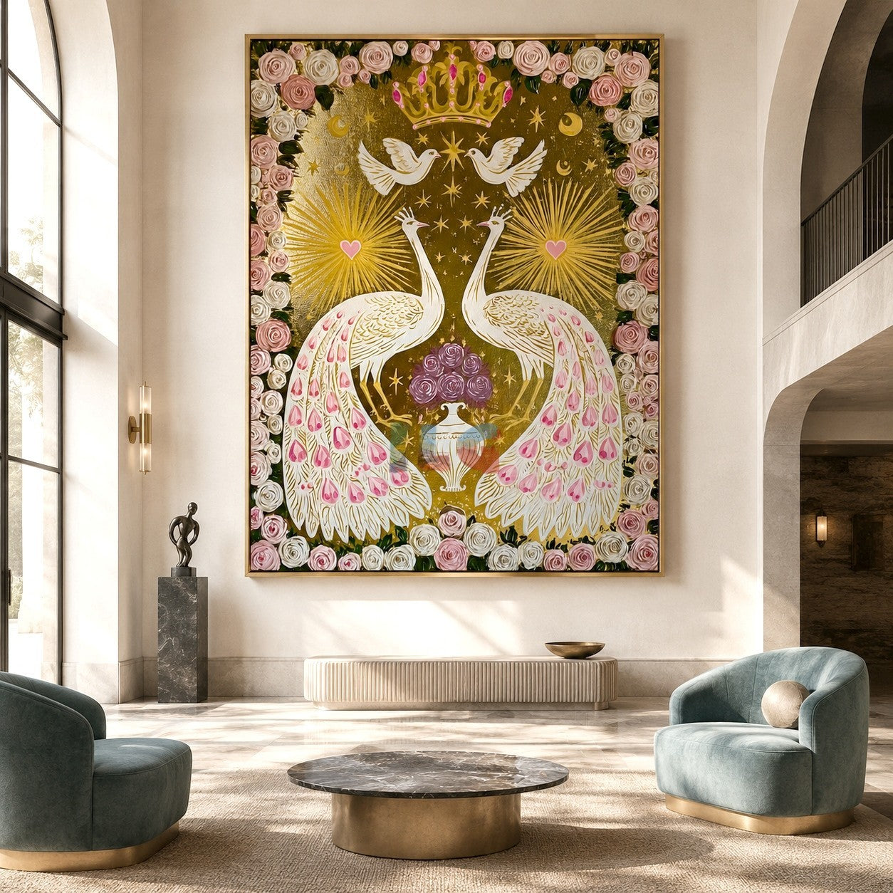 Crowned Peacock Romance – Ornate Floral Bird Wall Art