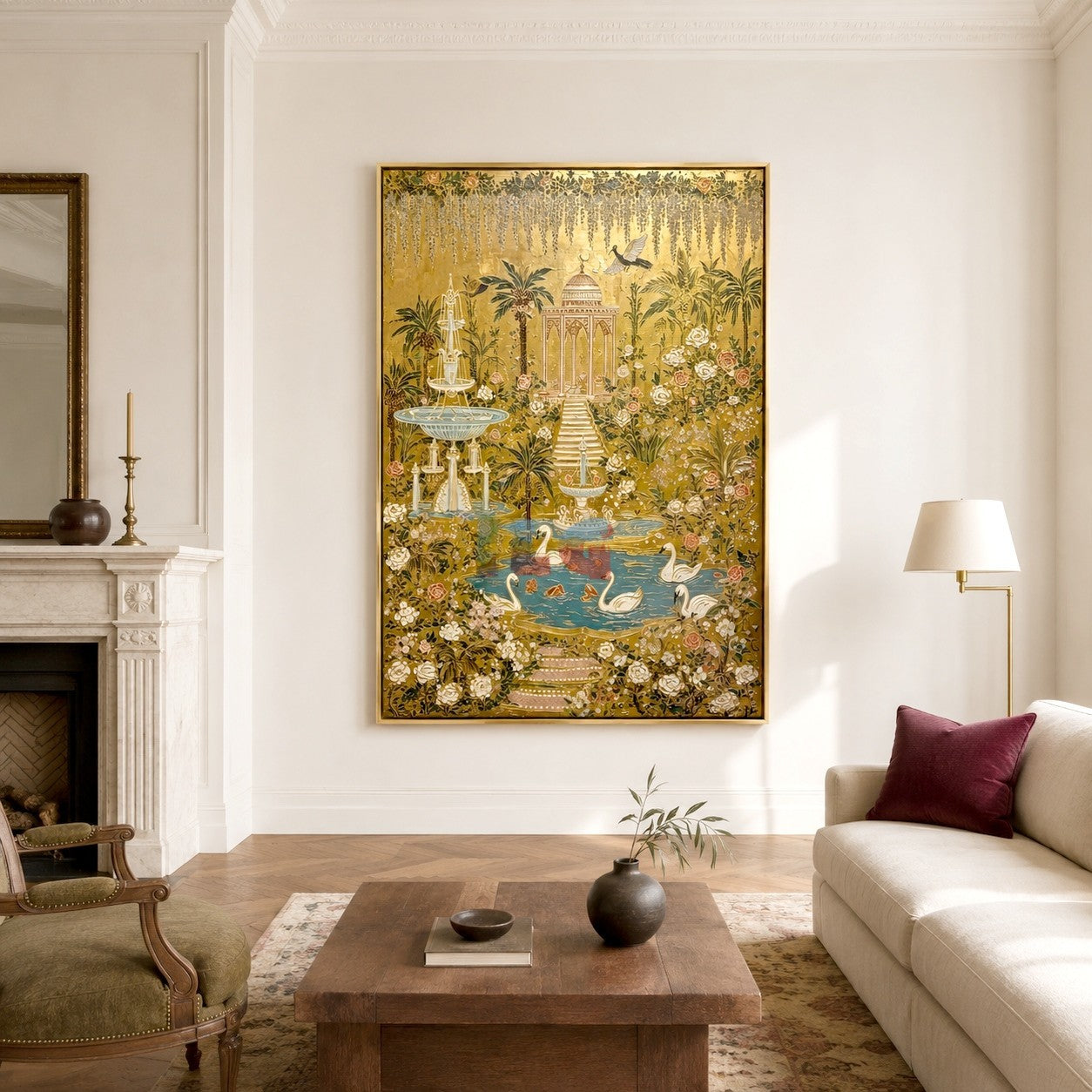 Golden Swan Palace Garden – Ornate Botanical Wall Art