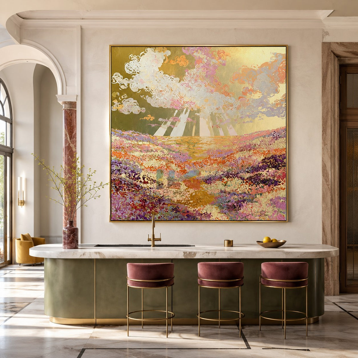 Sunburst Blossom Valley – Colorful Floral Landscape Wall Art