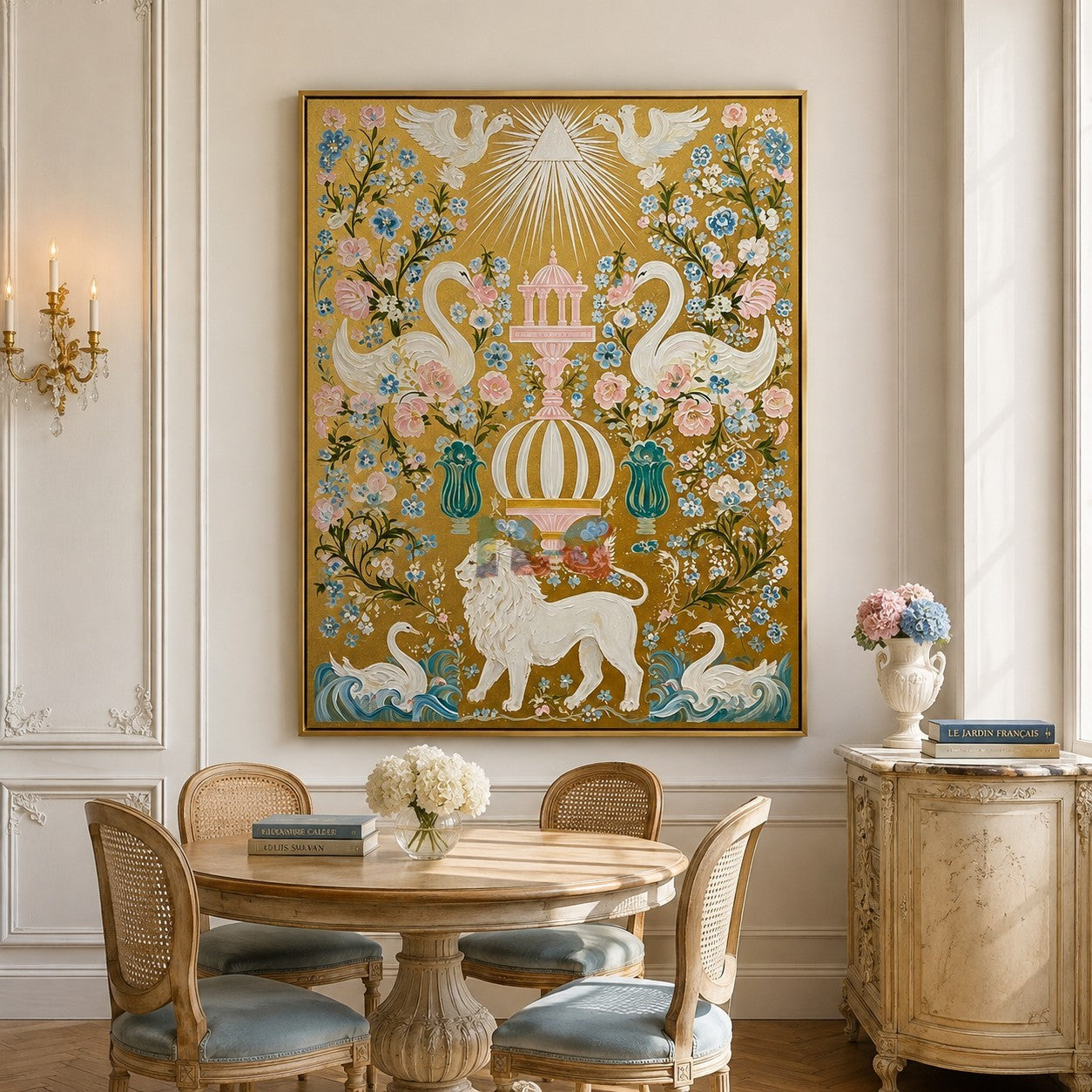 Celestial Swan Eden – Ornate Gold Botanical Wall Art