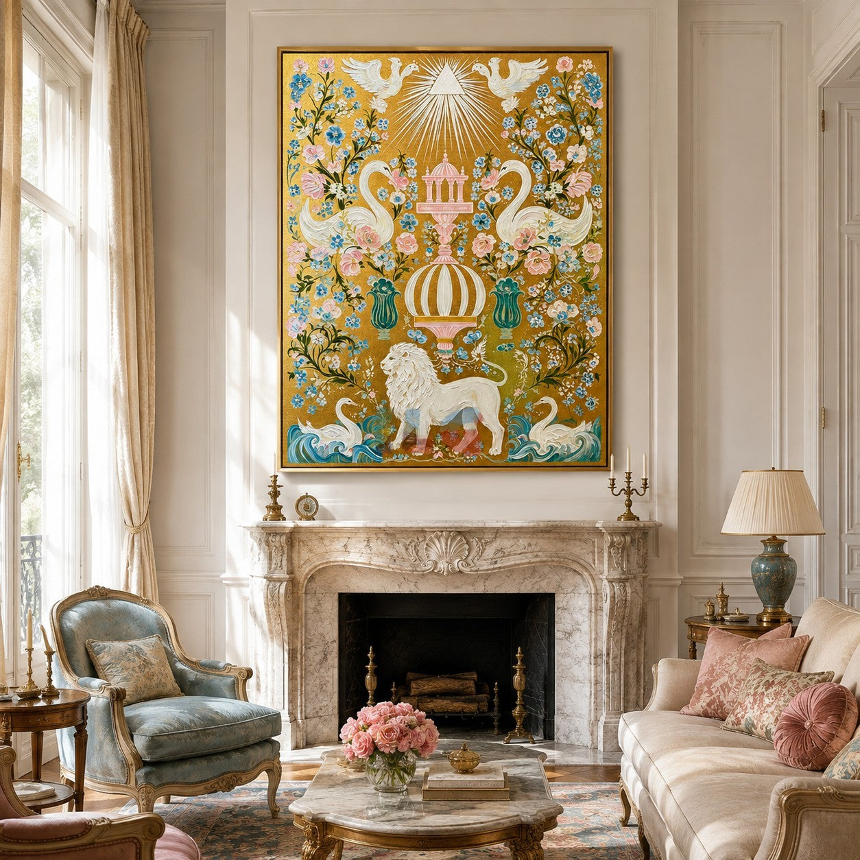 Celestial Swan Eden – Ornate Gold Botanical Wall Art