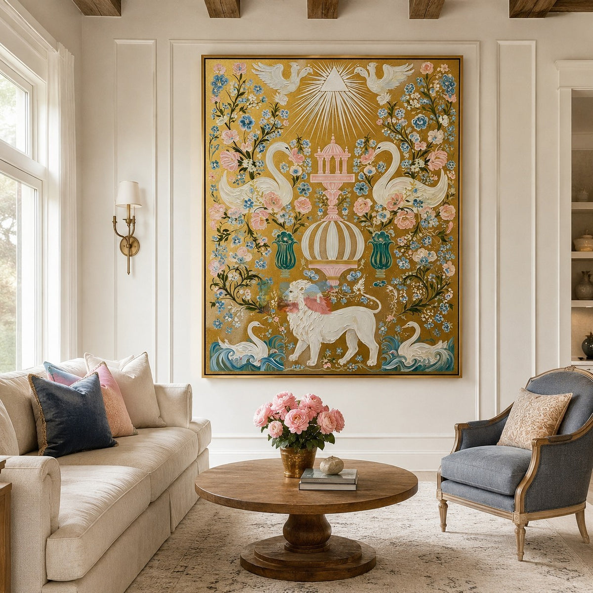 Celestial Swan Eden – Ornate Gold Botanical Wall Art