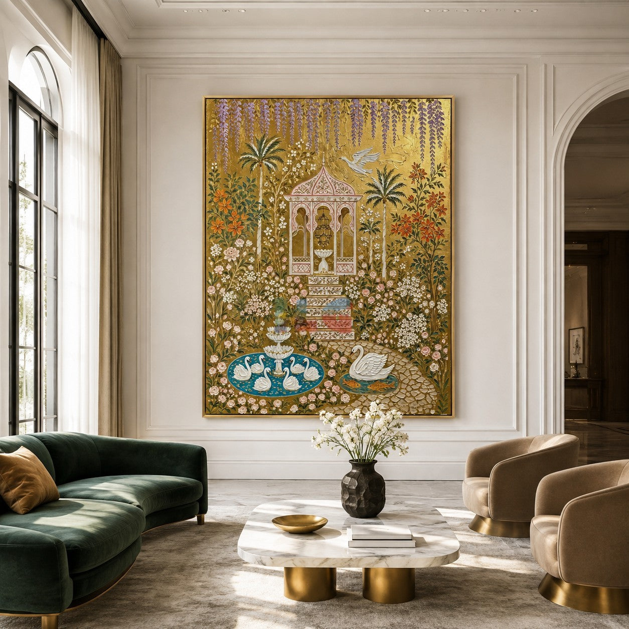 Wisteria Swan Pavilion – Ornate Gold Garden Wall Art