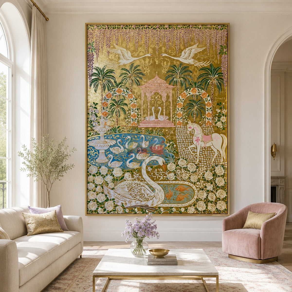 Royal Swan Conservatory – Ornate Gold Botanical Wall Art