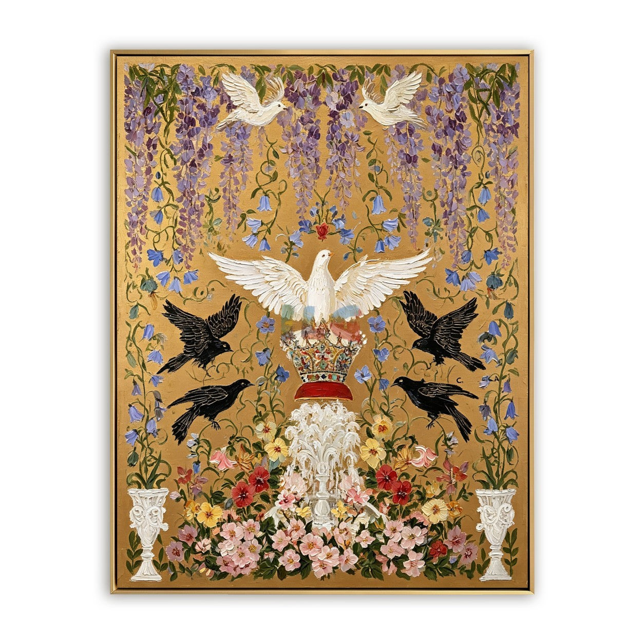 Crowned Dove Aviary – Ornate Gold Botanical Wall Art