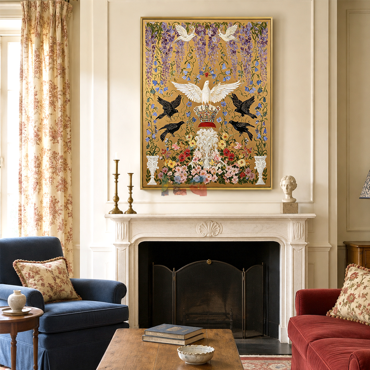 Crowned Dove Aviary – Ornate Gold Botanical Wall Art