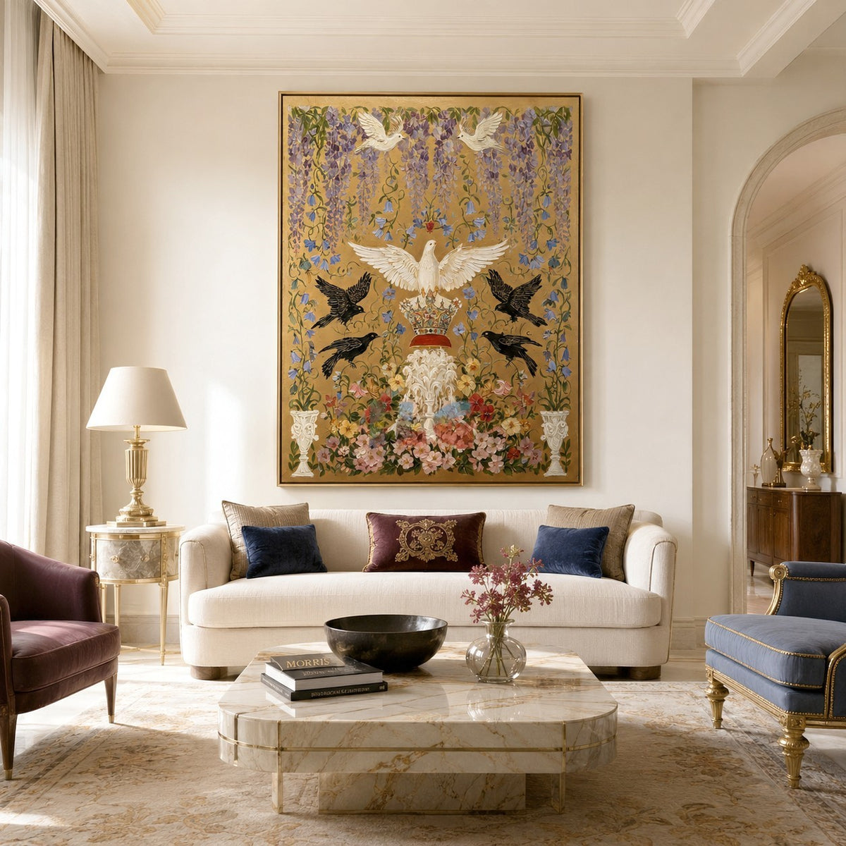 Crowned Dove Aviary – Ornate Gold Botanical Wall Art
