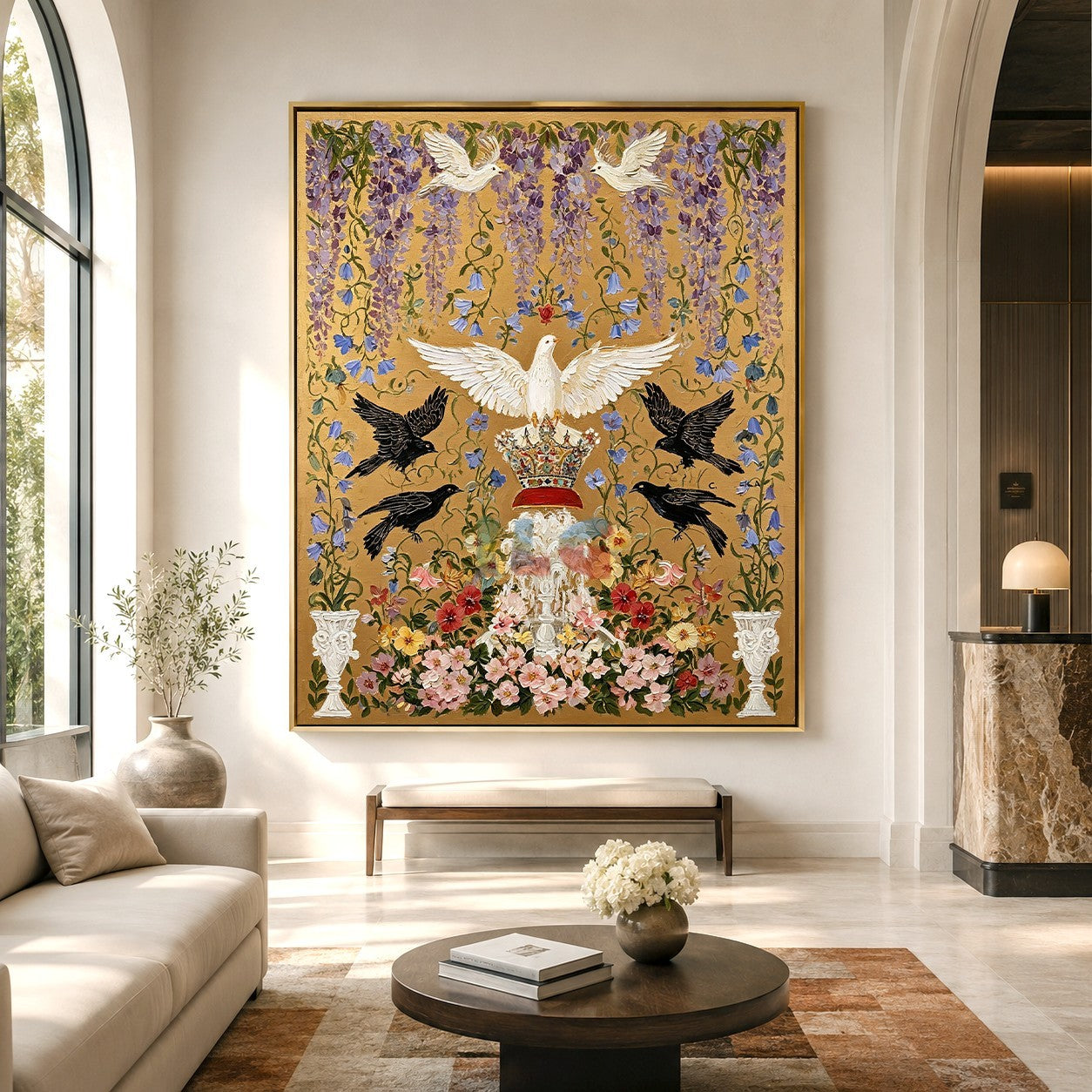Crowned Dove Aviary – Ornate Gold Botanical Wall Art