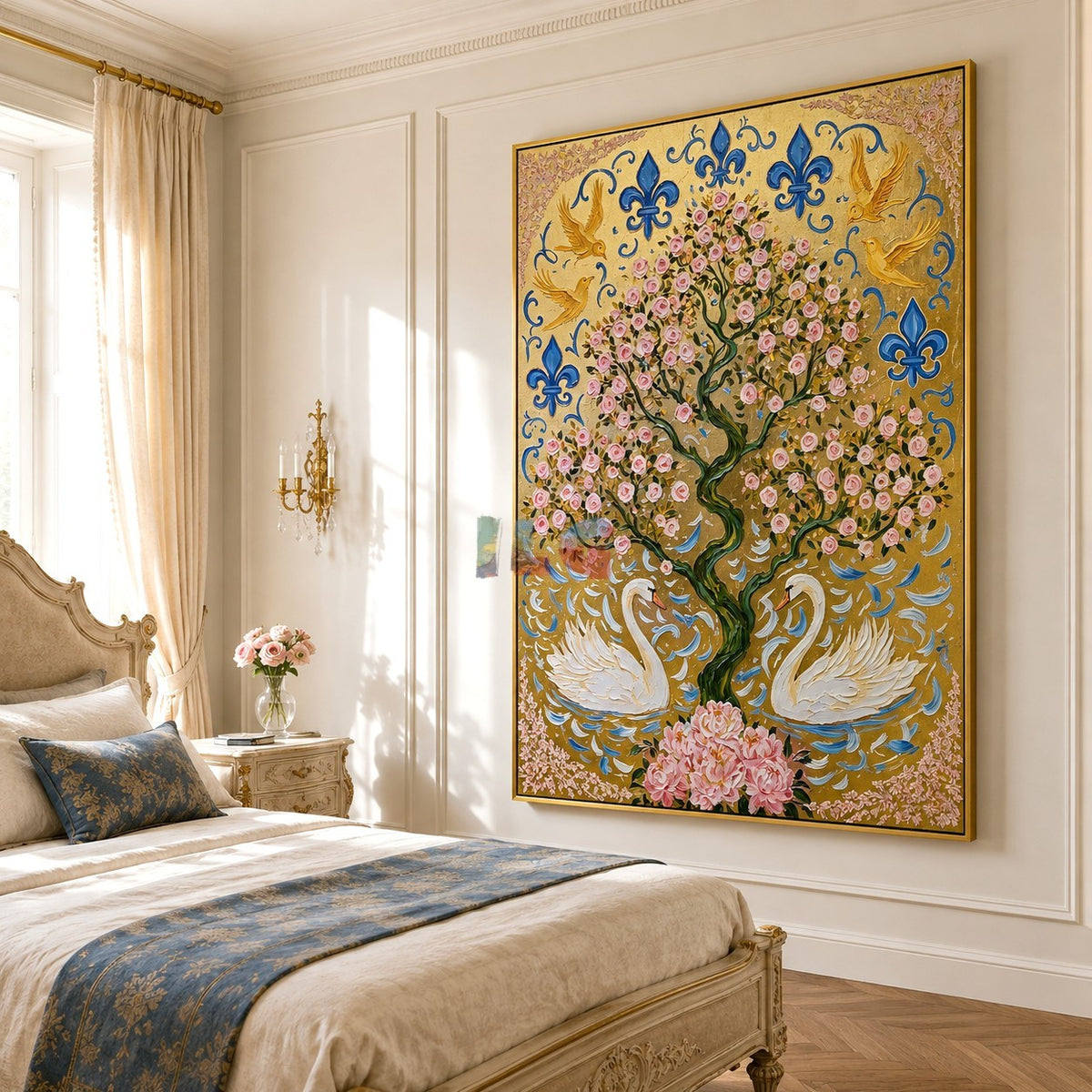 Rose Tree Swan Heraldry – Ornate Gold Botanical Wall Art