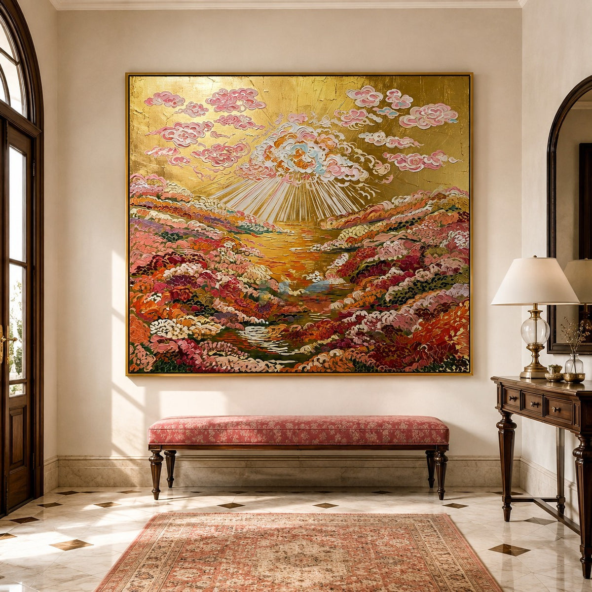 Golden Cloudburst Garden – Colorful Floral Landscape Wall Art