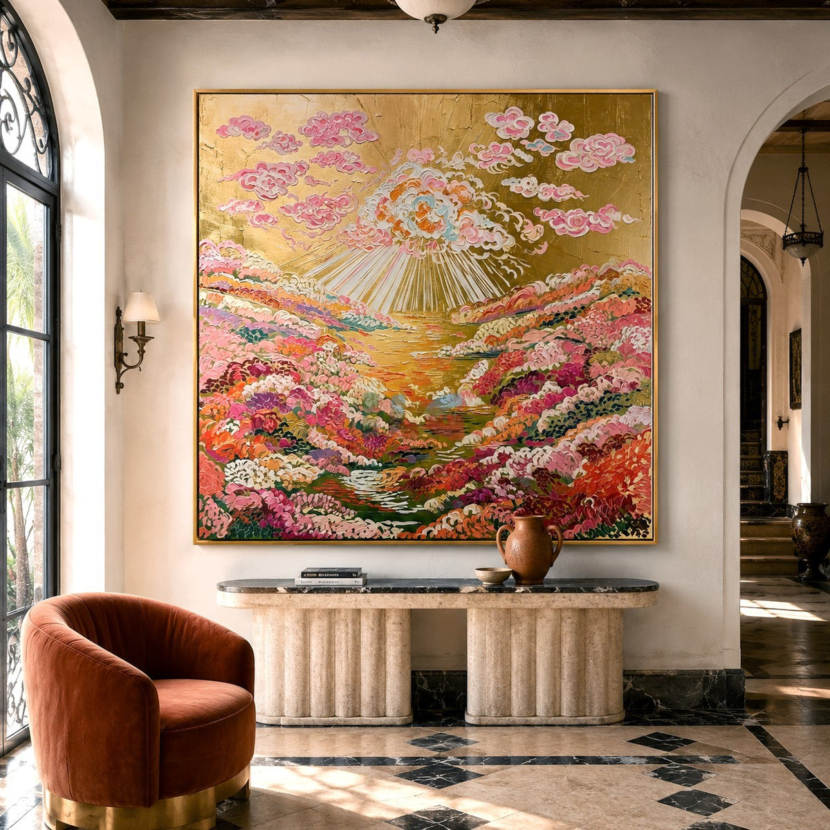 Golden Cloudburst Garden – Colorful Floral Landscape Wall Art