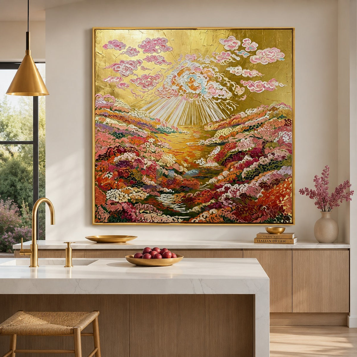Golden Cloudburst Garden – Colorful Floral Landscape Wall Art