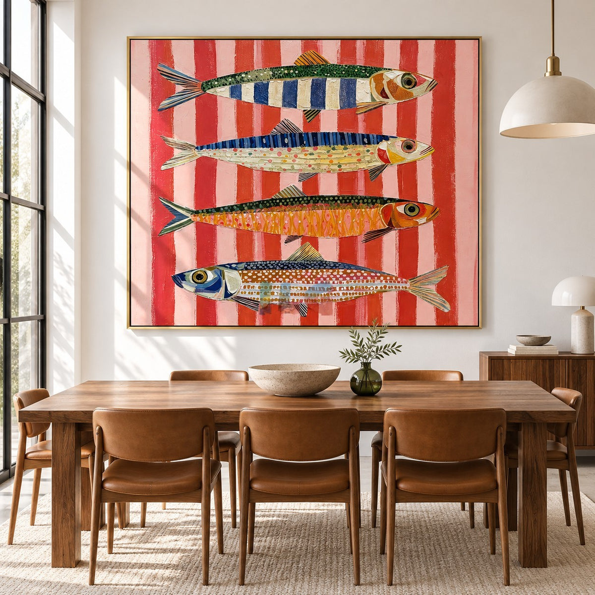 Coral Stripe Fish Quartet – Coastal Abstract Wall Art