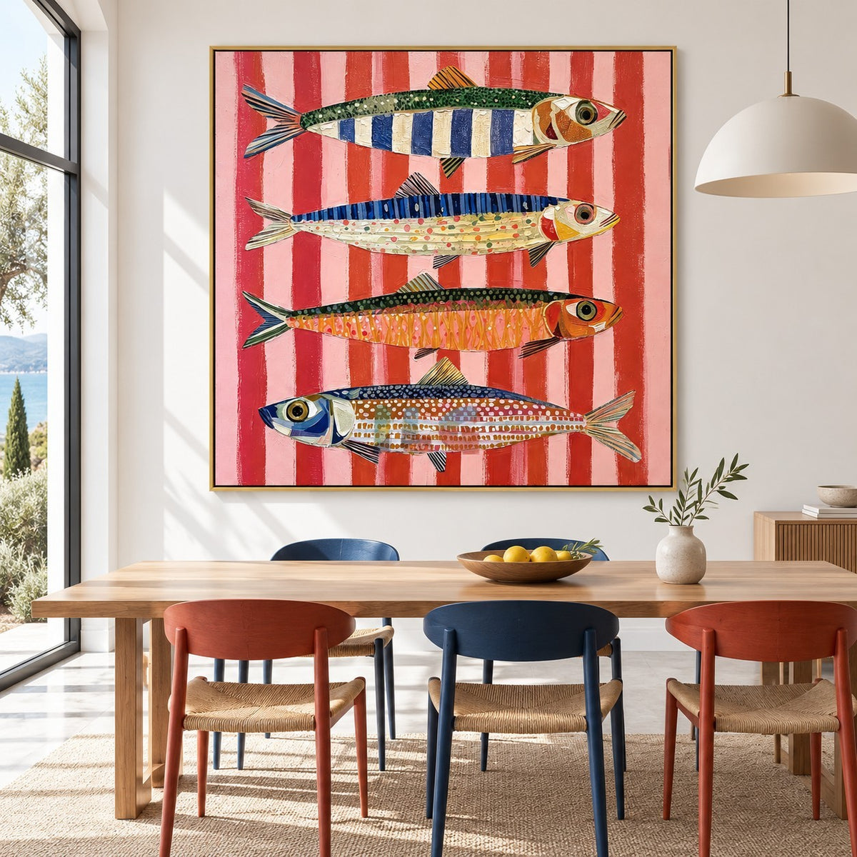 Coral Stripe Fish Quartet – Coastal Abstract Wall Art