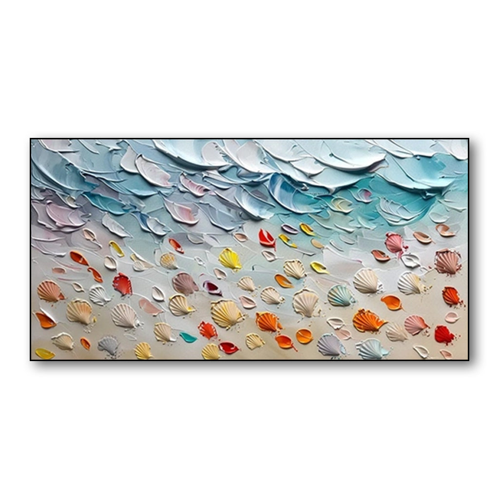 Colorful 3D Textured Seashell Painting - Turquoise Ocean Beach Impasto Wall Art