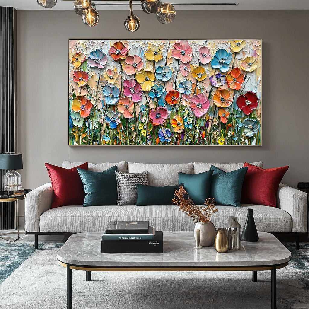 Colorful Textured Floral Painting for Living Room Decor