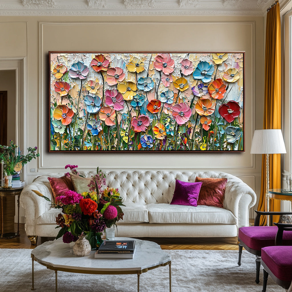 Colorful Textured Floral Painting for Living Room Decor