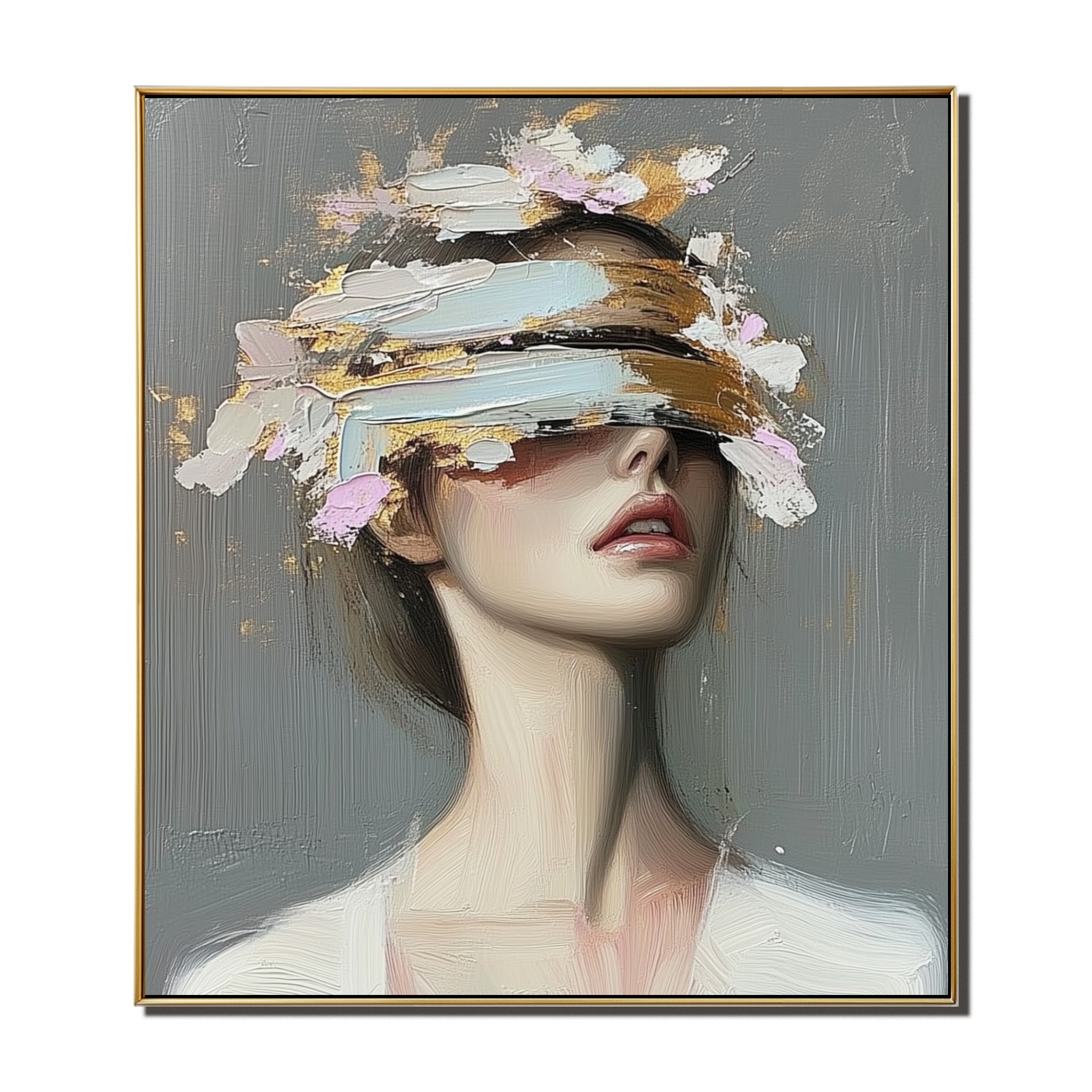 Contemporary Oil Artwork: Woman with Blindfold Eye Cover, Gold Pink Brushstrokes
