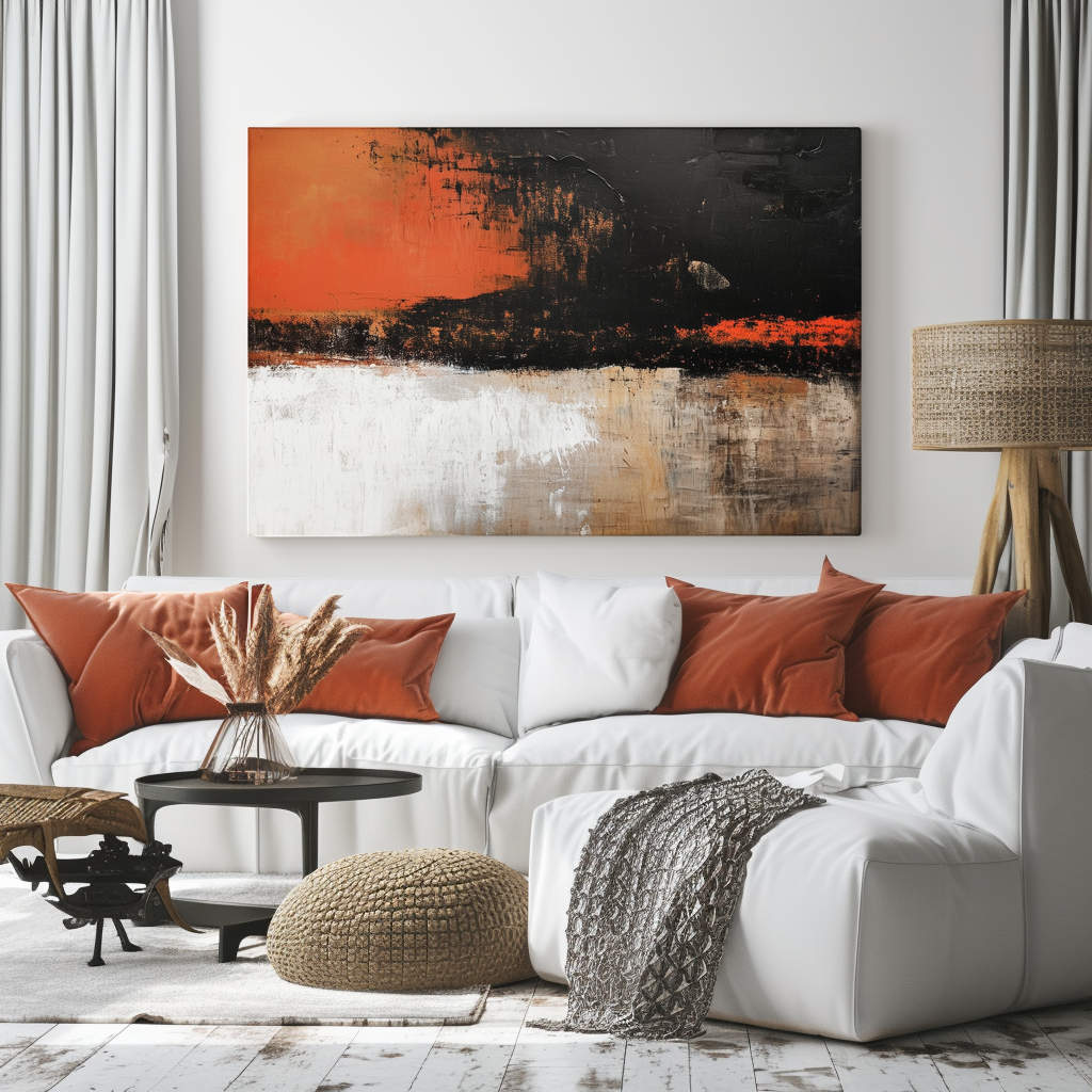 Bold abstract canvas painting with black, orange, and white textured layers, modern wall art for living room or office decor.