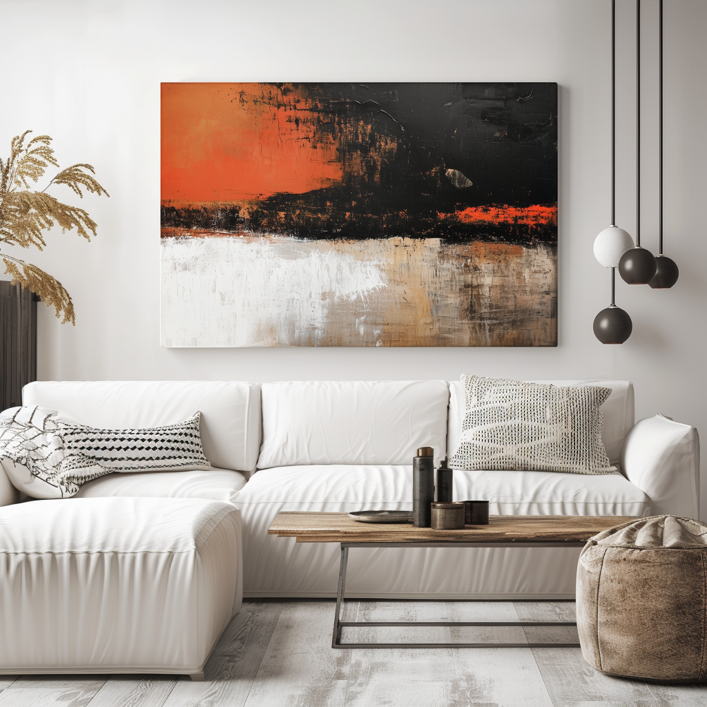 Bold abstract canvas painting with black, orange, and white textured layers, modern wall art for living room or office decor.