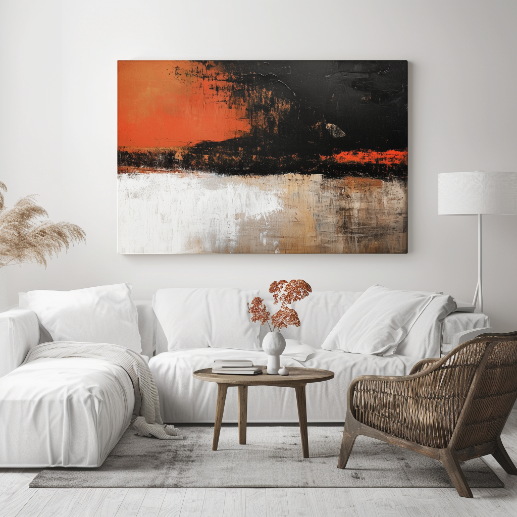 Bold abstract canvas painting with black, orange, and white textured layers, modern wall art for living room or office decor.