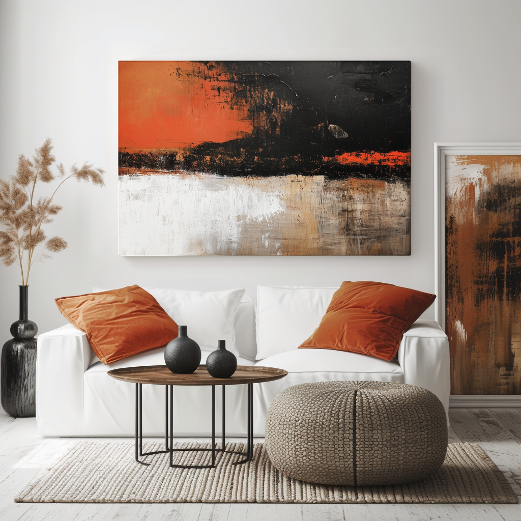 Bold abstract canvas painting with black, orange, and white textured layers, modern wall art for living room or office decor.