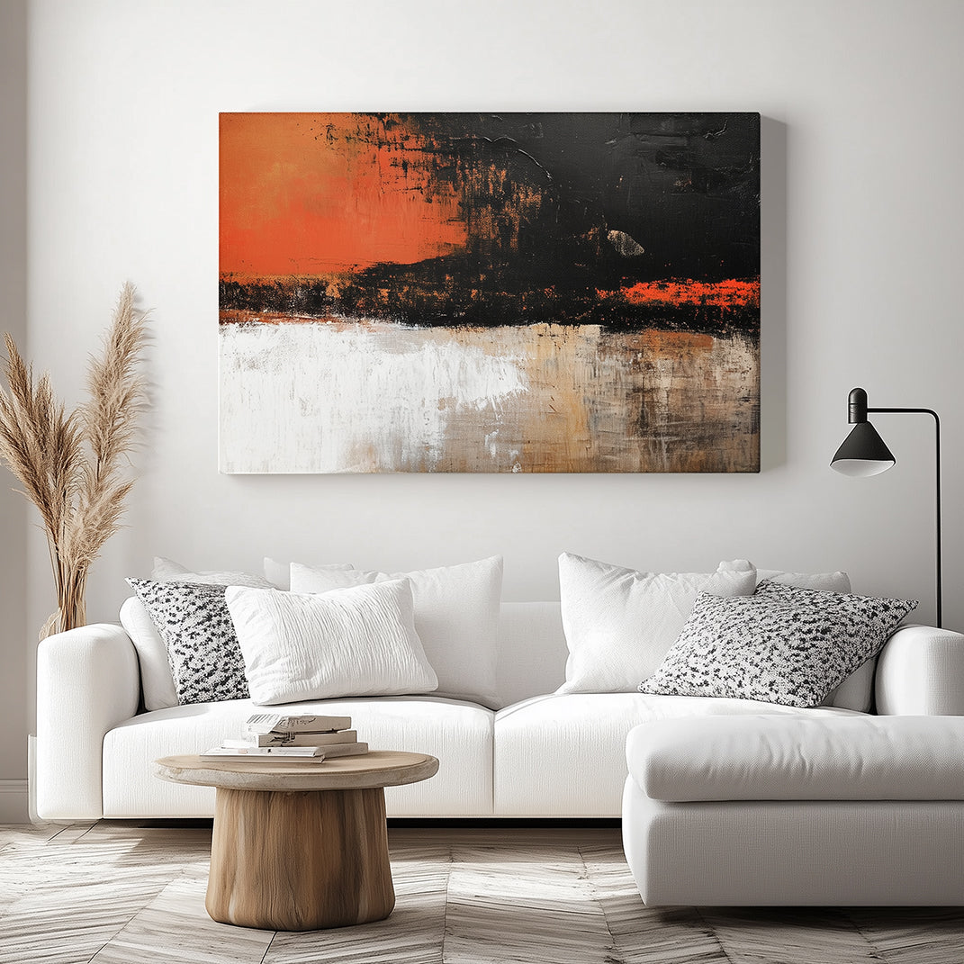 Bold abstract canvas painting with black, orange, and white textured layers, modern wall art for living room or office decor.