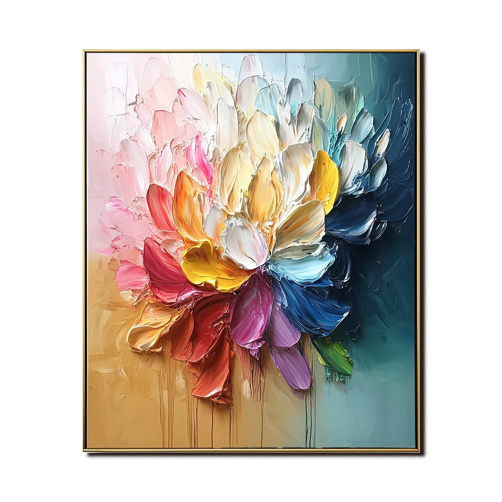 Framed Abstract Colorful Floral Oil Painting - Thick Textured Wall Art for Home Decor