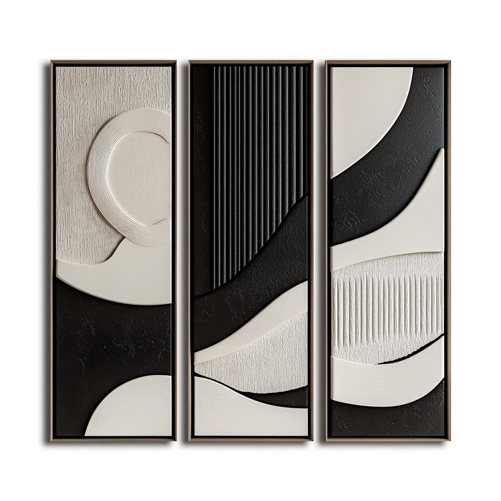 Geometric Textured 3-Panel Wall Art Set - Black and White Minimalist Decor