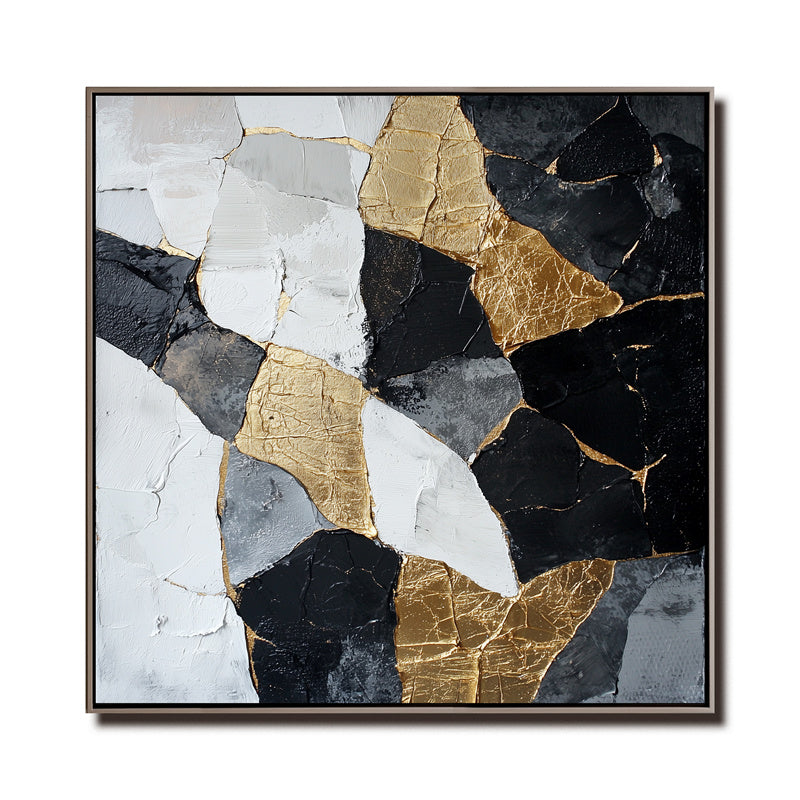 Gold Foil Geometric Abstract Wall Art - Black Gray Textured Decor for Modern Luxury Interiors