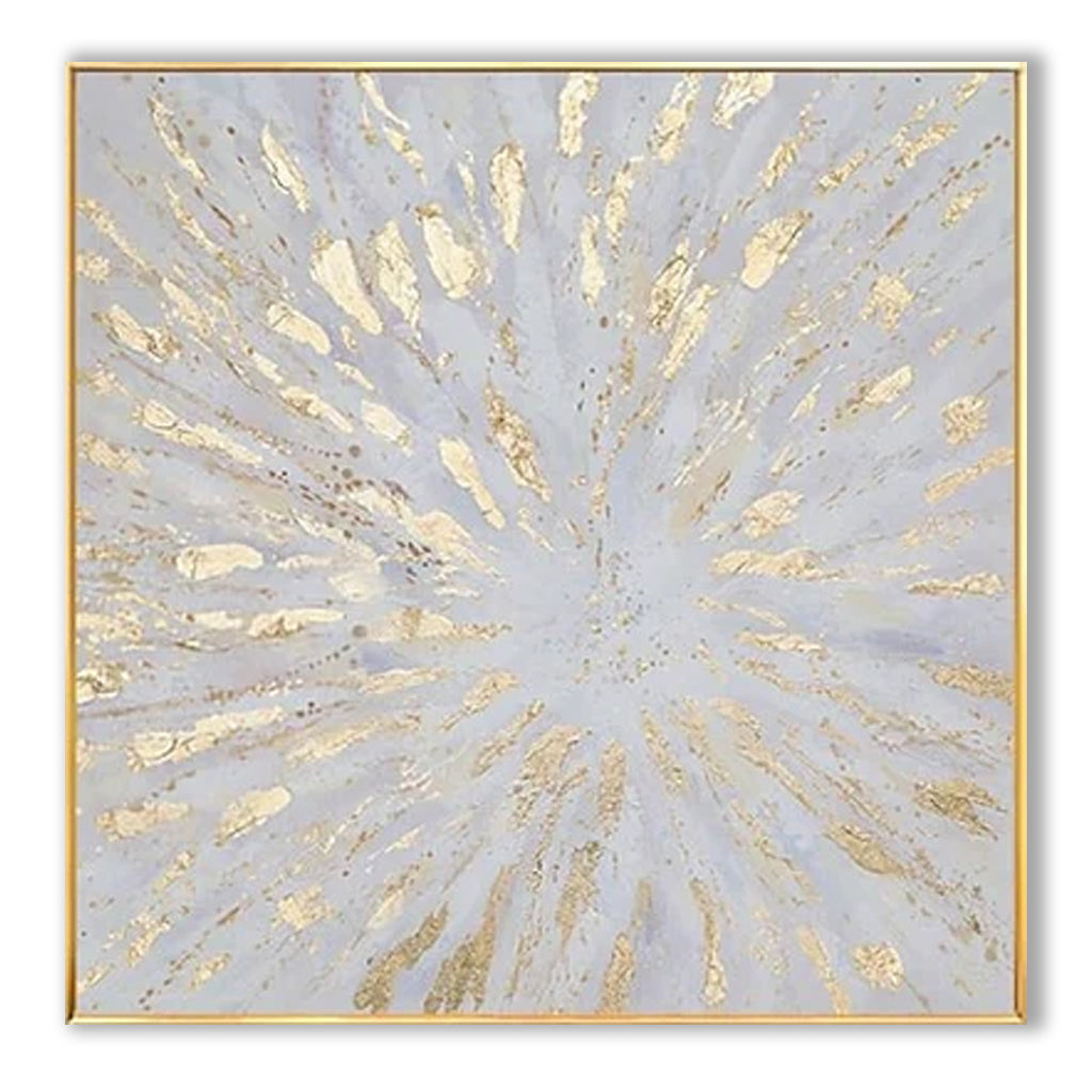 Gold Framed Square Textured Abstract Wall Art: Light Blue & Gold Burst Pattern for Modern Home Decor