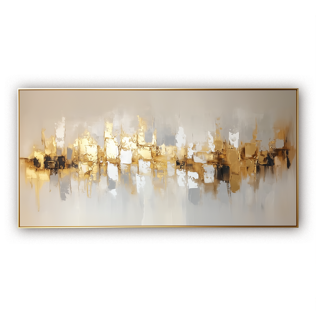 Golden Abstract Cityscape Oil Painting - Textured Modern Wall Art for Home Decoration