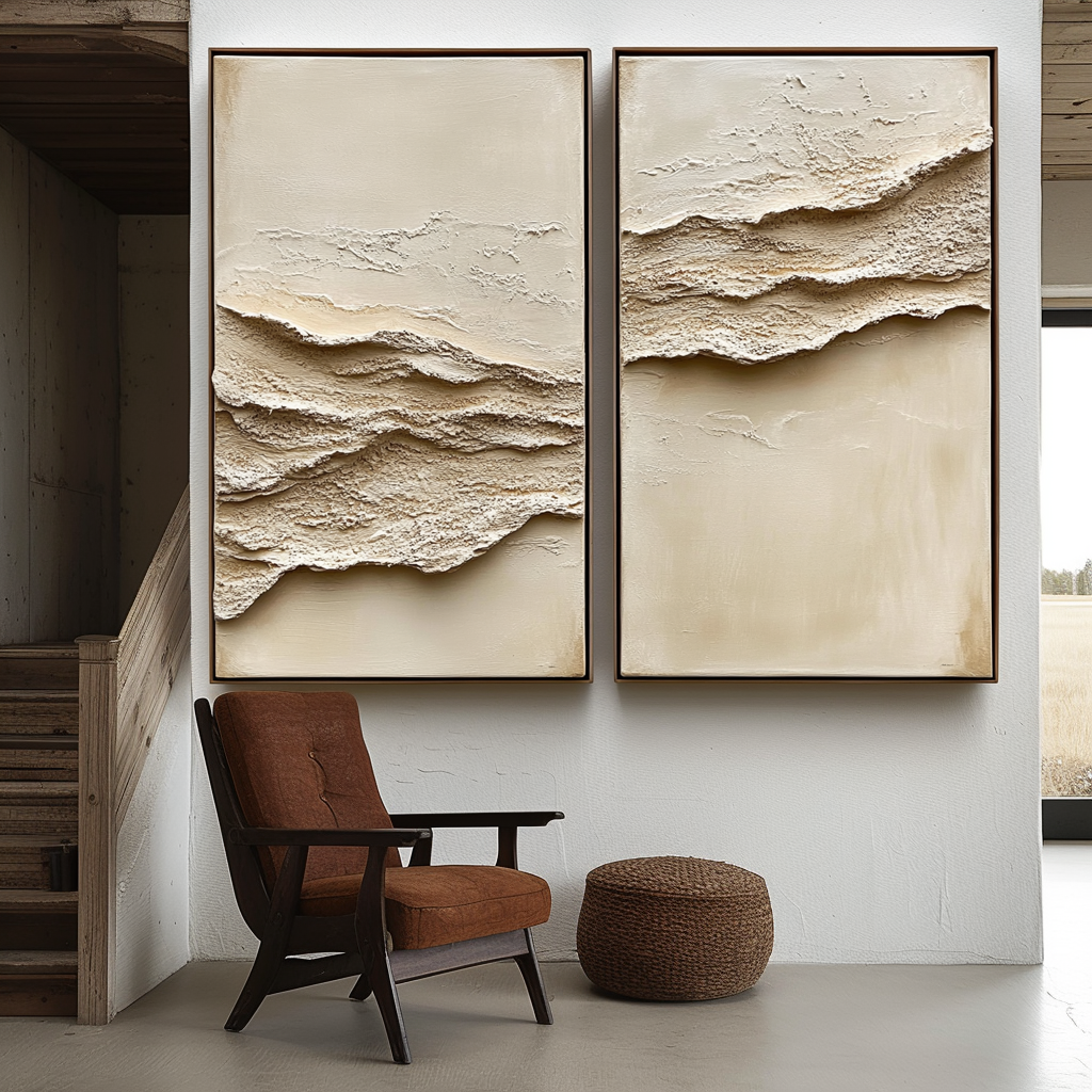 Handcrafted Beige Diptych Painting for Modern Interiors