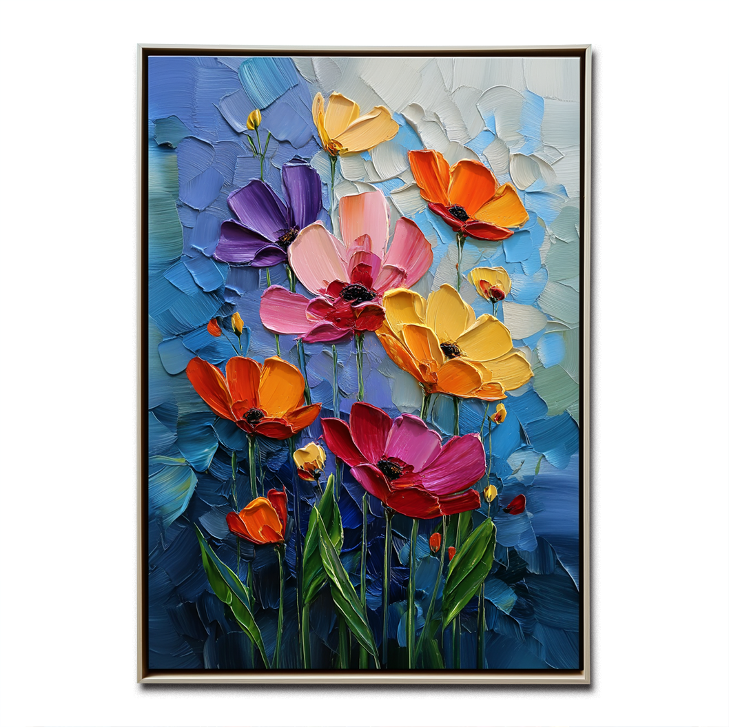 Impasto Flower Oil Painting - Colorful Poppies on Blue Background Wall Art for Living Room