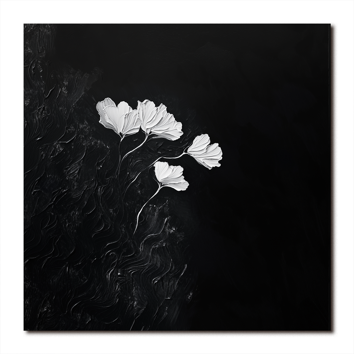Impasto Texture Black and White Wall Art - White Ginkgo Leaves Minimalist Floral Painting for Home Decor