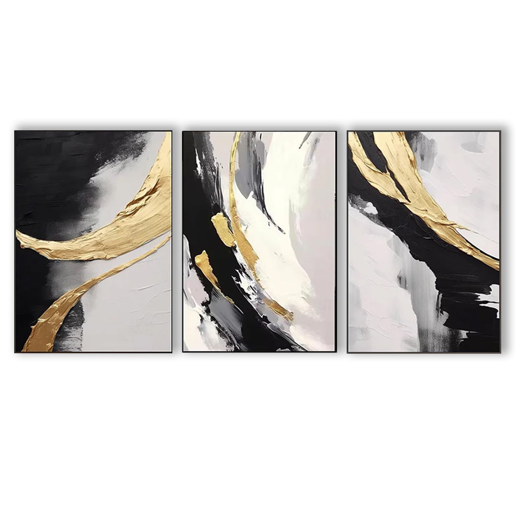 Large Abstract Triptych Wall Art: Gold & Black Textured Canvas Paintings for Modern Home Decor