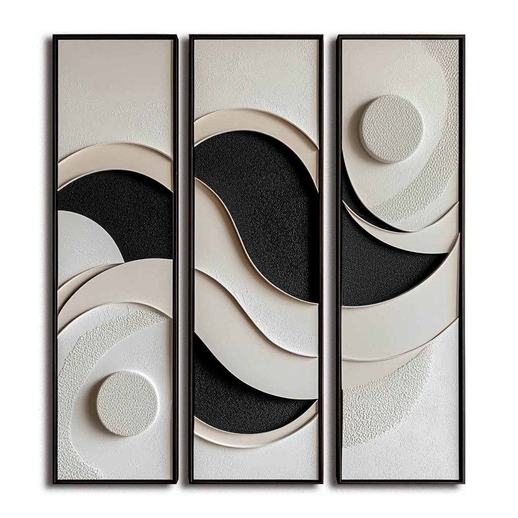 Modern Abstract 3-Piece Wall Art Set - 3D Textured Geometric Wave & Circle Decor in Black & Beige Tones