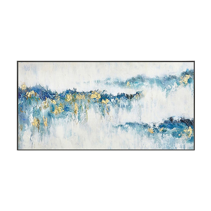 Modern Abstract Blue and Gold Wall Art - Landscape Oil Painting for Home Decor