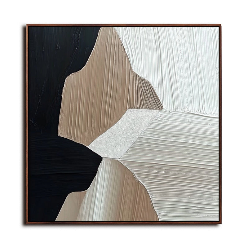 Modern Abstract Geometric Textured Wall Art - Framed Canvas Painting in Black, Beige and Brown Tones