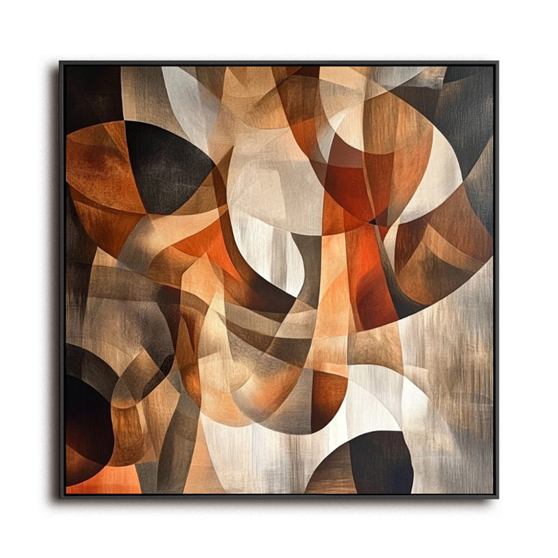 Modern Abstract Geometric Wall Art - Framed Canvas Painting with Warm Brown & Black Shapes for Home Decor