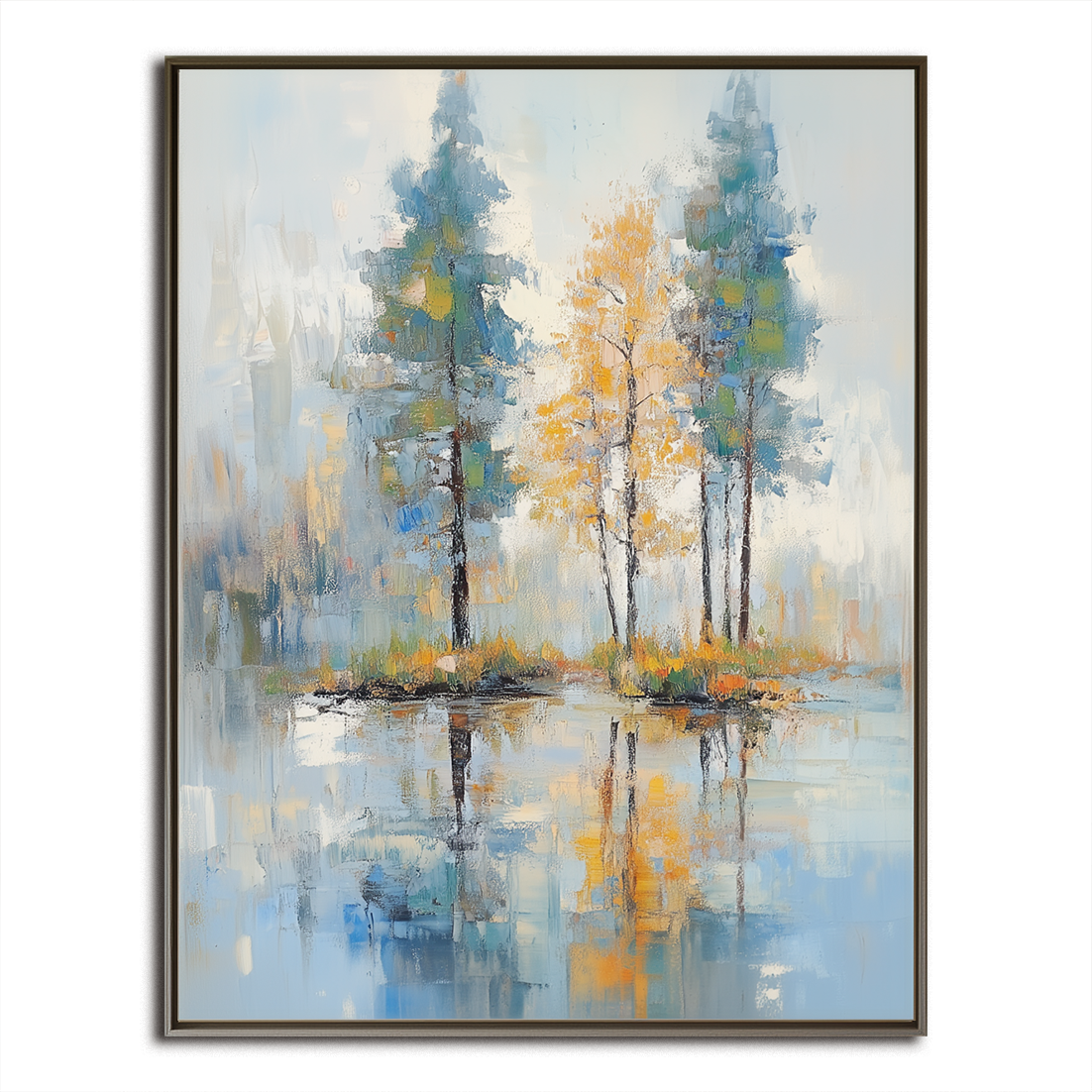 Modern Abstract Landscape Oil Painting - Tree Reflections in Water, Blue-Gray Tones with Warm Yellow Accents, Serene Nature Wall Art for Living Room & Bedroom Decor