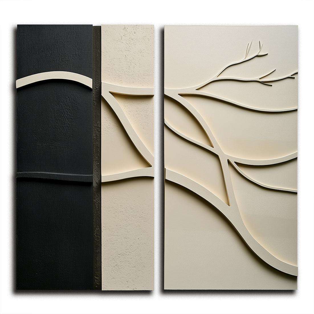 Modern Minimalist 3D Textured Wall Art Set - Black & Beige Organic Branch & Leaf Relief Decor Paintings