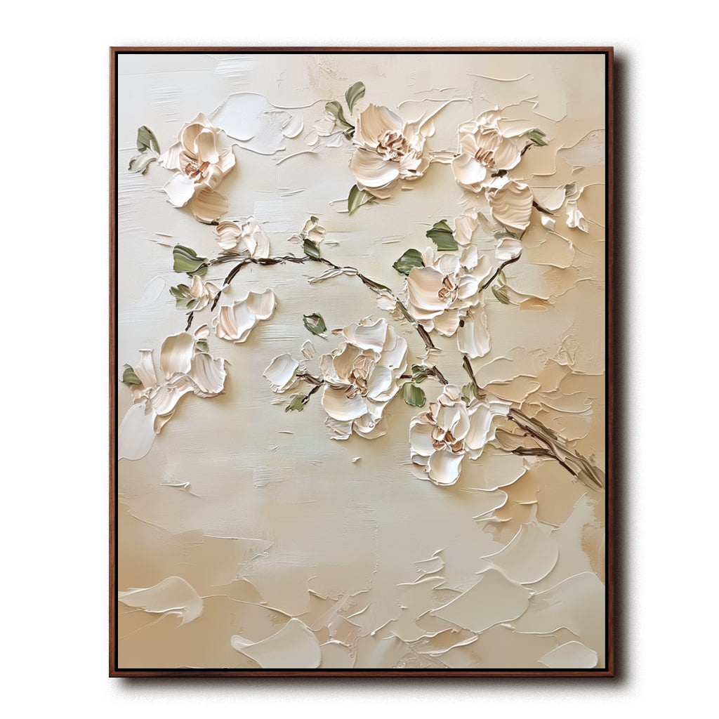 Modern Minimalist Floral Wall Art - Cream White Impasto Textured Blossoms on Beige