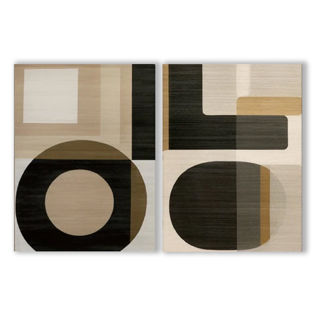 Modern Minimalist Geometric Abstract Diptych Wall Art: Neutral Brown & Black Toned Framed Canvas Decor for Contemporary Interiors