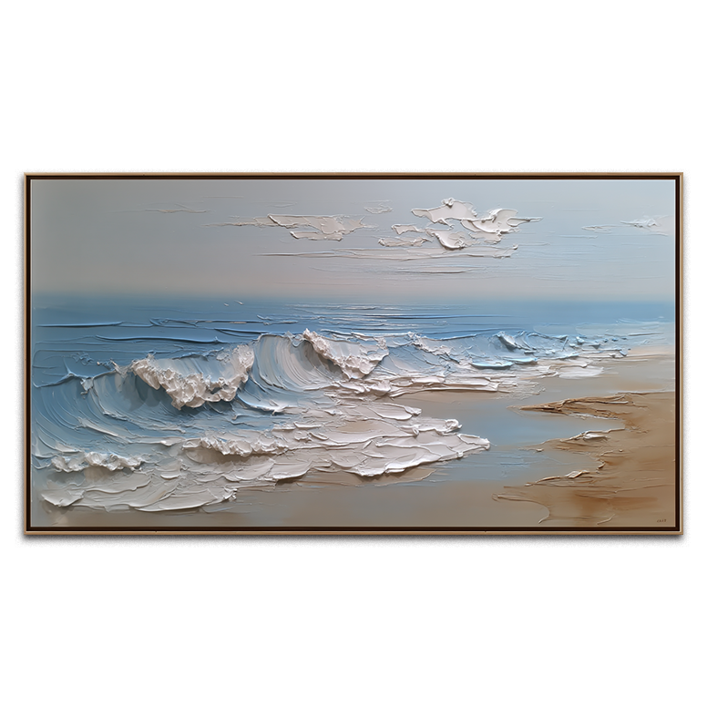 A tranquil, hand-painted 3D seascape canvas perfect for modern coastal homes.