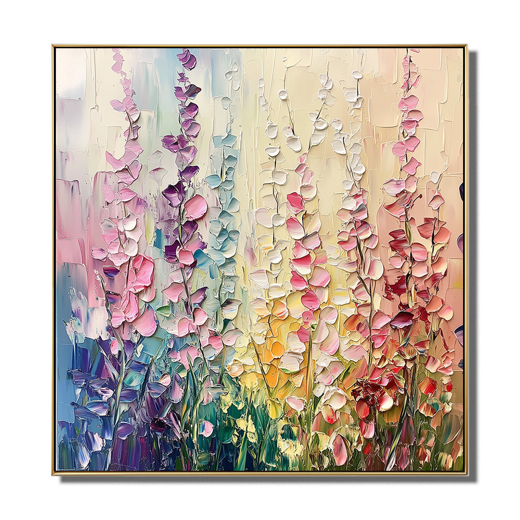 Rainbow Colored Floral Oil Painting - Impasto Textured Flower Field Wall Art for Modern Home