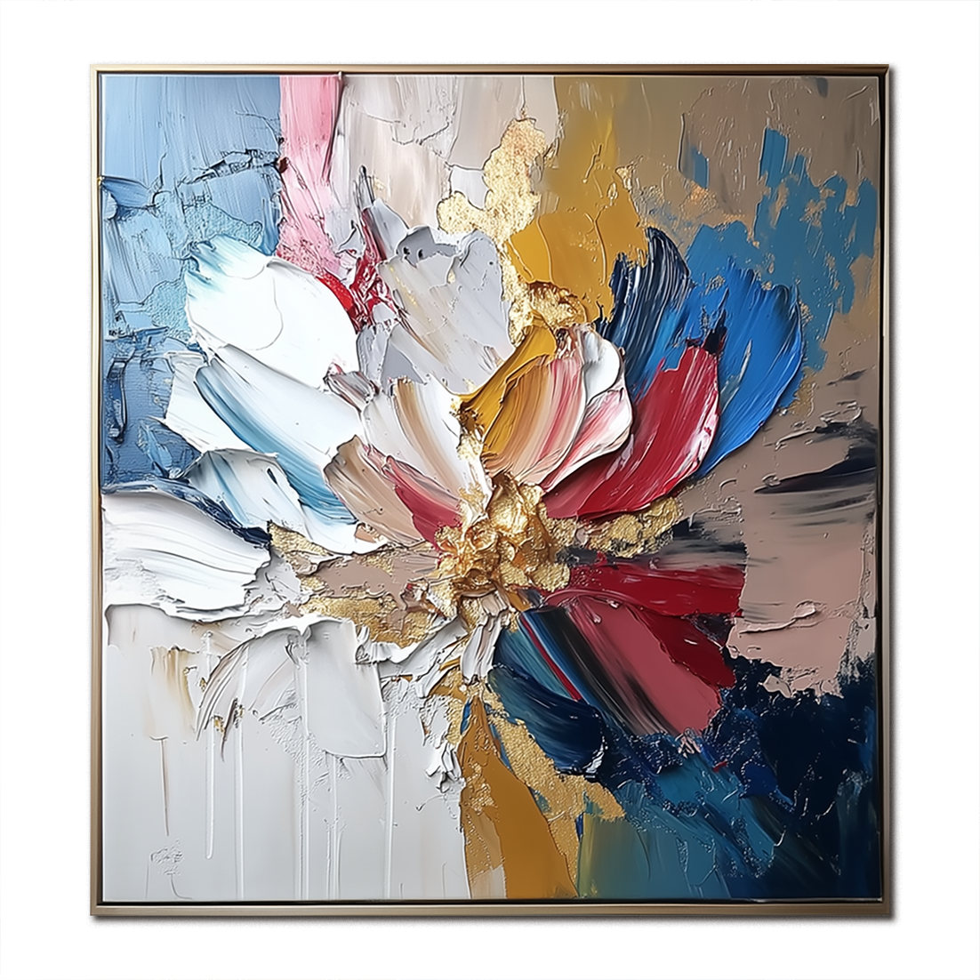 Textured Abstract Floral Oil Painting with Gold Accents - Framed Square Wall Art for Living Room & Bedroom Decor