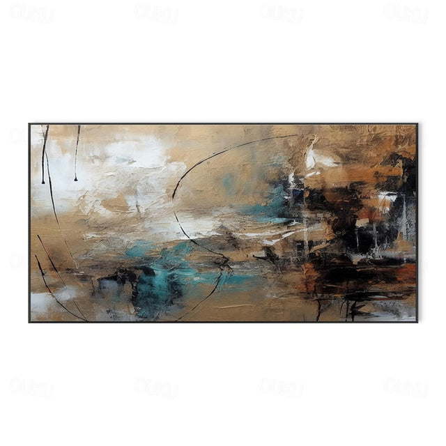 Textured Abstract Horizontal Canvas Wall Art: Warm Brown & Teal Toned Painting for Modern Living Room Decor