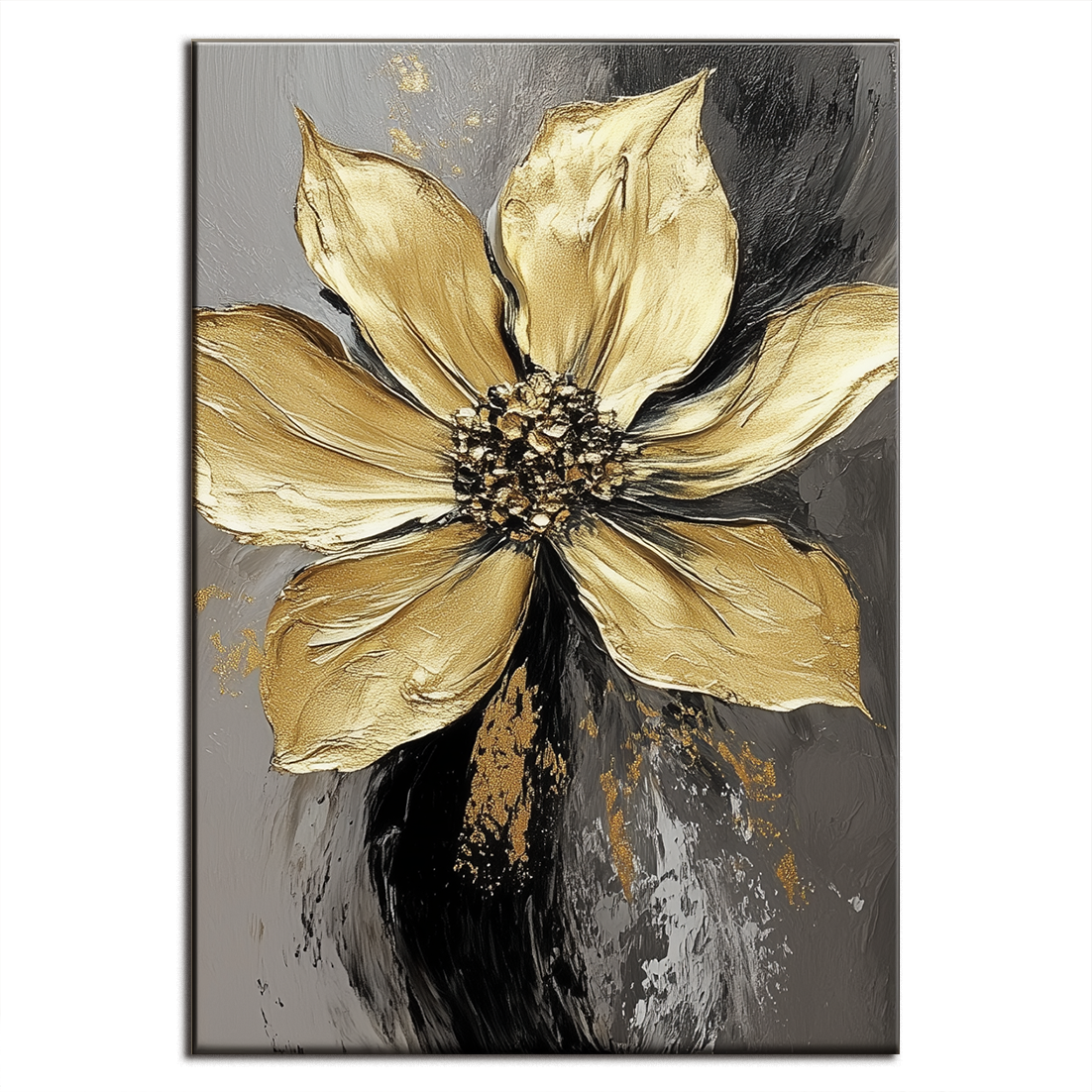 Textured Golden Floral Oil Painting - Abstract Luxury Flower Wall Art for Modern Home Decor