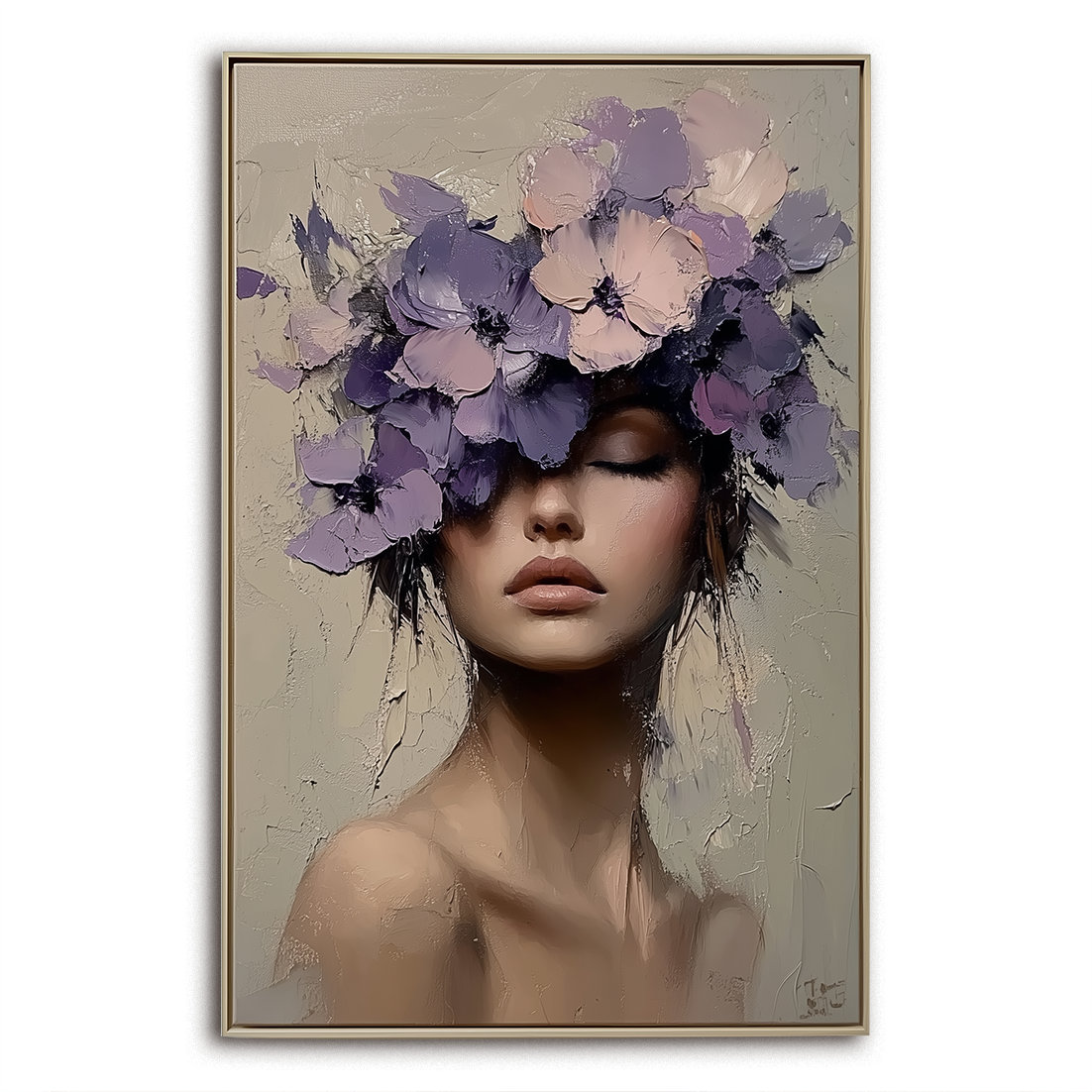 Textured Oil Painting of Woman with Purple Floral Headpiece | Feminine Art for Home Wall Decor